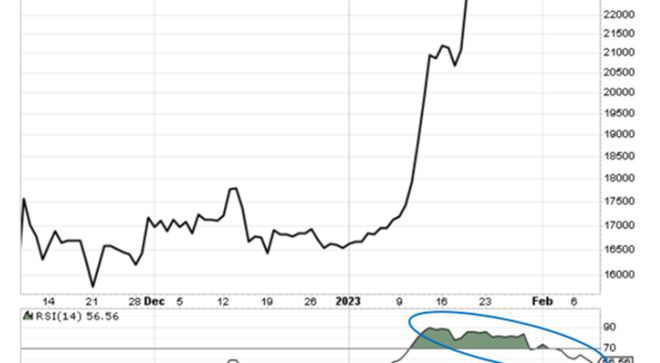 比特币（BTC）价格和RSI水平看涨背离技术指标呈绿色闪烁