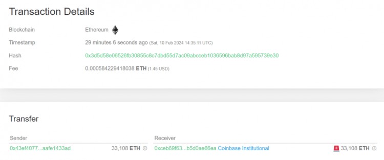 未知钱包向COINBASE机构发送33108ETH